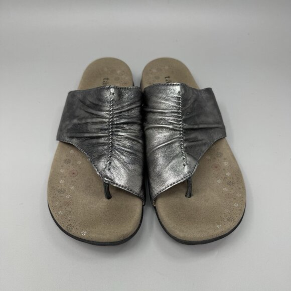 Taos Gift 2 Sandals Women's 9 Pewter Leather Comfort Thong Flip Flop Slip On - Picture 5 of 9